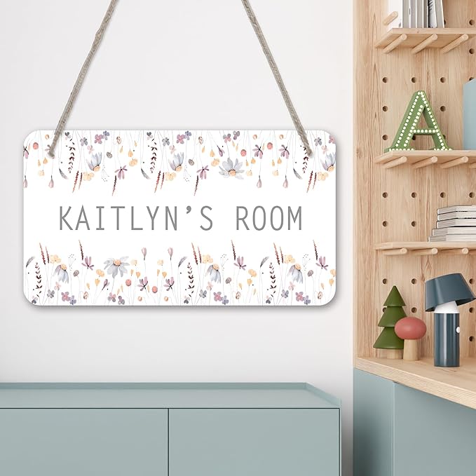Pastel Flower Design Personalized Room Door Sign Custom Name Signs Kids Girls Bedroom Decor Nursery Dorm Farmhouse Baby Room Wood Hanger Toddler Art Wall Plaque 12x6 Inches