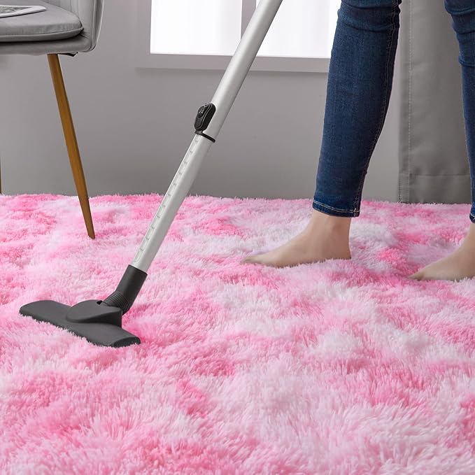 DweIke Fluffy Pink White Rugs for Bedroom Living Room, 5x8 Feet Soft Plush Shaggy Tie-Dyed Pink Girls Boys Kids Rug, Non-Slip and Machine Washable Carpet for Dorm Nursery Classroom Decor