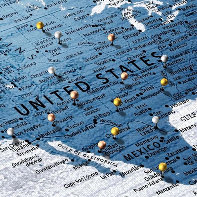ElephantStock - My World Push Pin Map IV Wall Art - Horizontal Canvas Wall Art - Living Room Wall Decor - Unique Map Canvas Art - Blue And Decor - 39" x 26"
