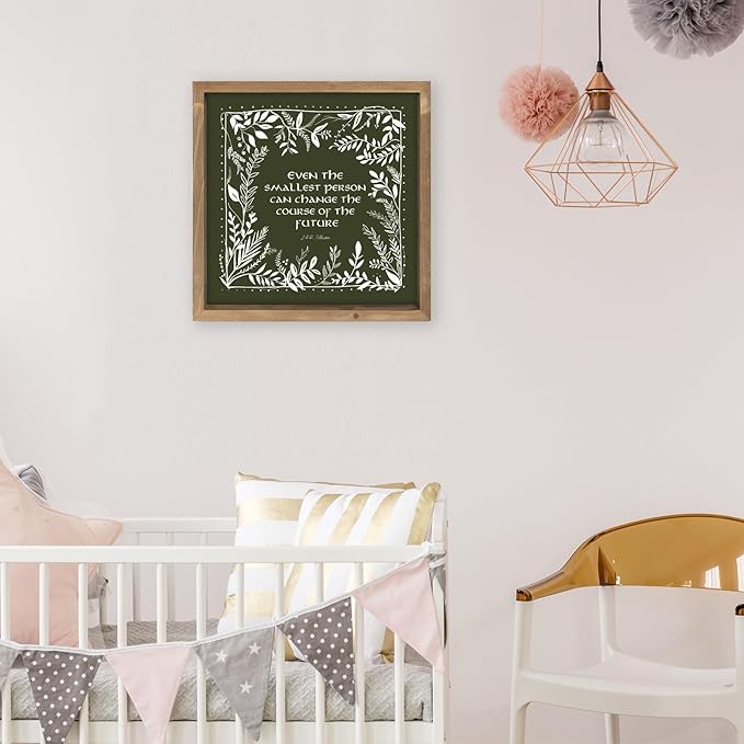 pechpell 11.8 Inch Nursery Wall Decor, Wooden Framed Green Baby Girl Nursery Wall Art with Wreath Sign, Boho Vintage Woodland Nature Themed Kids Room Playroom Table Shelf Decorations for Home