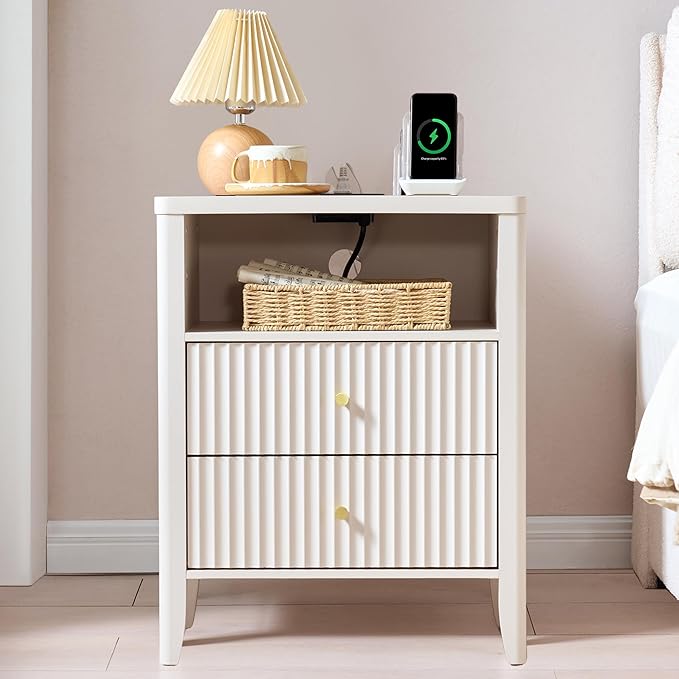 Fluted Nightstand with Charging Station Set of 2, 21" Wide Modern Bedside Table with 2 Drawers & Open Shelf, Wood End Table with Storage & Metal Handle for Bedroom, Small Spaces, Cream White