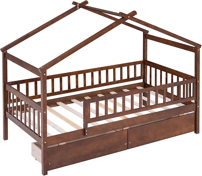 Twin House Bed with 2 Storage Drawers, Kids Twin Bed Frame with Rails and Roof, Tent Bed, Wooden Twin Daybed, Twin Montessori Bed for Kids Teens Girls & Boys, No Box Spring Needed (Walnut)