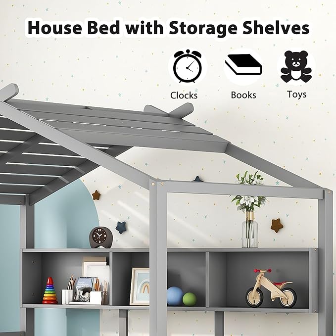 Bellemave Full Size House Bed with 2 Storage Drawers,Kids Bed with Storage Shelves,Wooden House Bed Frame for Girls,Boys,Can be Decorated,Gray