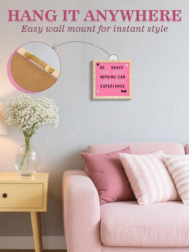 Changeable Felt Letter Board with LED Lights - 10×10" Message Custom Signs & Wood Stand & 450 Letters, Poster Board for Christmas/Pregnancy/Baby Announcement/Baby Shower/Wall Decor Gifts, Pink