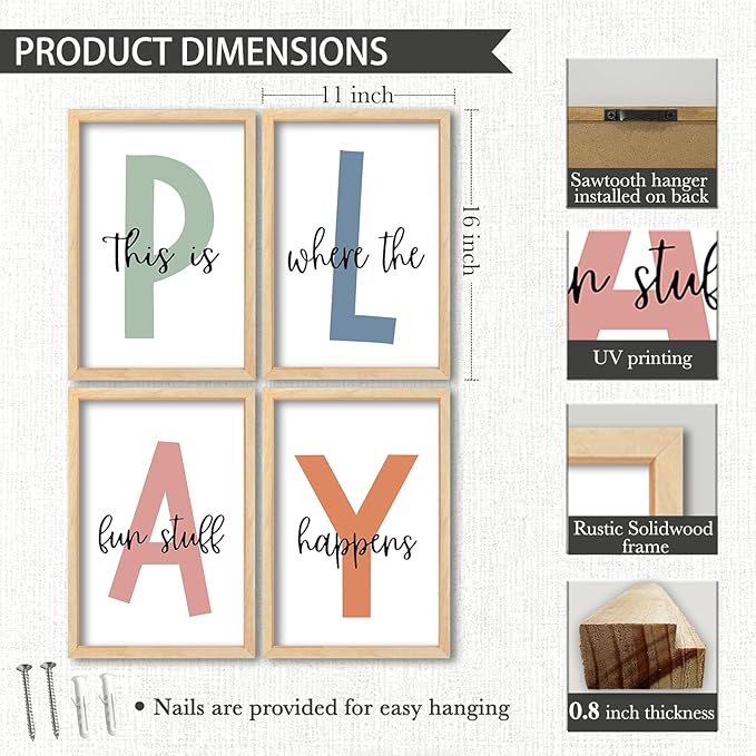 Surfapans Nursery Playroom Wall Decor 16"×11" Set of 4 This Is Where The Fun Stuff Happens sign Wooden Framed for Children's Room Wall Hanging Art (Wood)