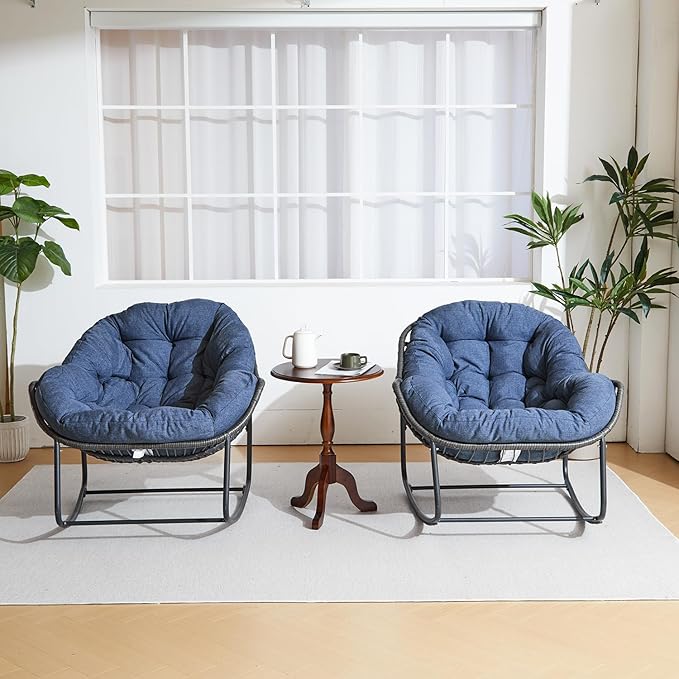 Oversized Outdoor Papasan Rocking Chair with Soft Cushion, Comfy Patio Egg Chair, Wicker Lounge Rocker for Balcony/Porch/Garden, Reinforced All Weather Rattan Frame, 330 lbs Support, Navy Blue