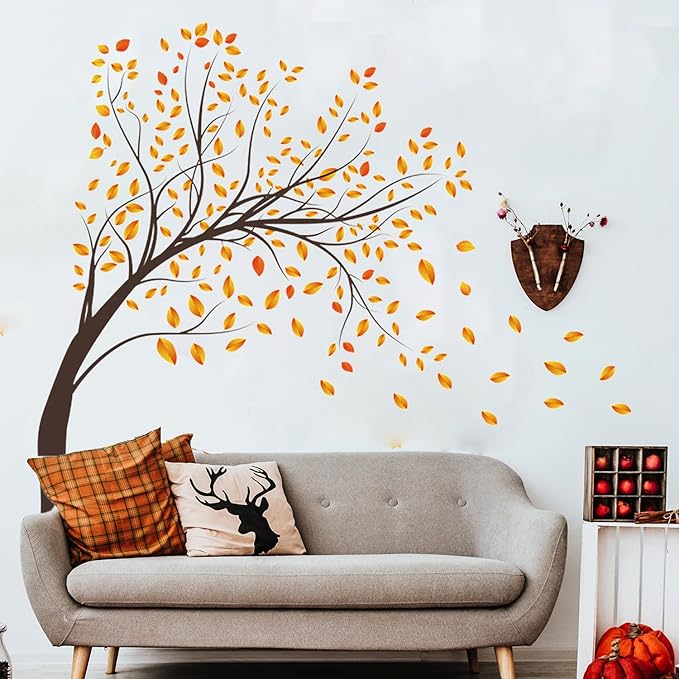 Autumn Tree Wall Decals Large Tree Wall Stickers DIY Peel and Stick Fall Yellow Leaves Wall Decor for Kids Girls Boy Bedroom Living Room Nursery Classroom Offices TV Sofa Background Decoration