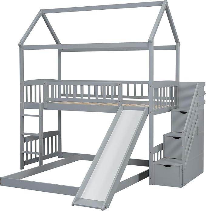 MERITLINE Twin Over Full L Shaped Bunk Bed for 2,Solid Wood House Floor Bunk Bed with Slide and Storage Stairs,No Box Spring Needed (Grey)