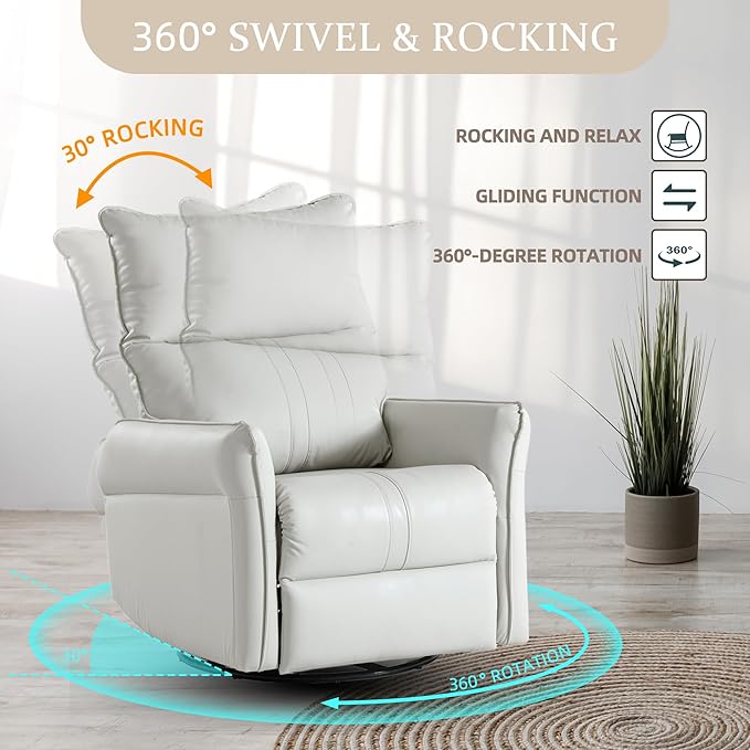 Swivel Rocker Recliner Chair, Upholstered 360° Fabric Leather Glider Rocker Chair for Nursery, Manual Small Recliners for Small Spaces Living Room Weight Capacity 300lbs