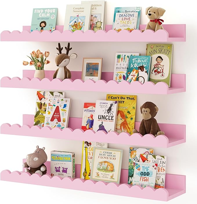 Shario Nursery Book Shelves, 4-Pack White Floating Shelves for Wall Kids, Scalloped Shelves, Wall Book Shelves for Bedroom Kids, Toddler Room, Baby Room, Nursery Decor(Pink, 23 Inches)