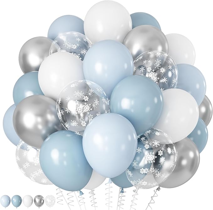 Blue Winter Wonderland Balloons, 60 PCS 12 Inch Dusty Light Baby Blue White and Silver Balloon Snowflake Balloons for Boy Baby Shower Winter Christmas Holiday Birthday Party Decorations