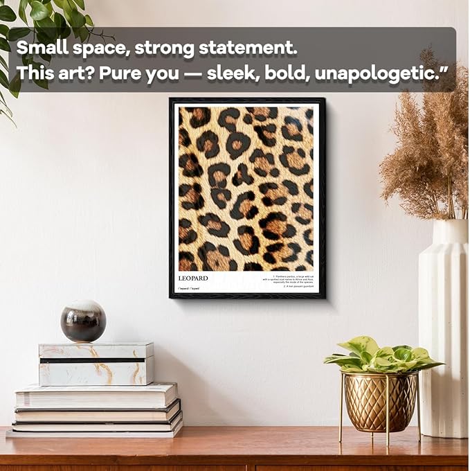 Leopard Print Wall Art, close-up fur pattern, animal print wall decor, matte finish framed canvas print, animal poster artwork, for bedroom fashion lovers gift, 12x15 inch