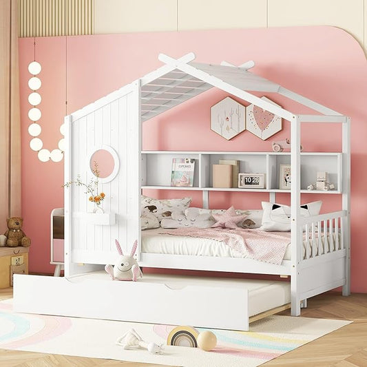 Twin Bed Frames for Kids, House Bed with Trundle and Shelves, Wood Playhouse Platform Bed Frame with Window and Fence for Boys Girls, White, 74.4" L x 42.7" W x 72" H