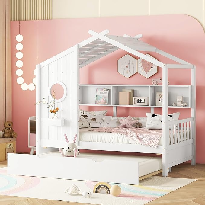 Harper & Bright Designs Twin Size Modern House Bed with Roof, Wooden Twin Kids House Bed Frame with Trundle and Storage Shelf, White