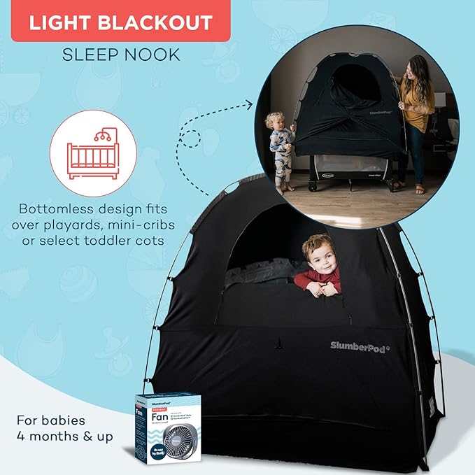 SlumberPod with Fan The Original Blackout Sleep Tent Travel Essential for Baby and Toddlers, Mini Crib and Pack n Play Cover, Sleep Pod with Monitor Pouch and Fan Pouch, Blocks 95%+ Light, Black