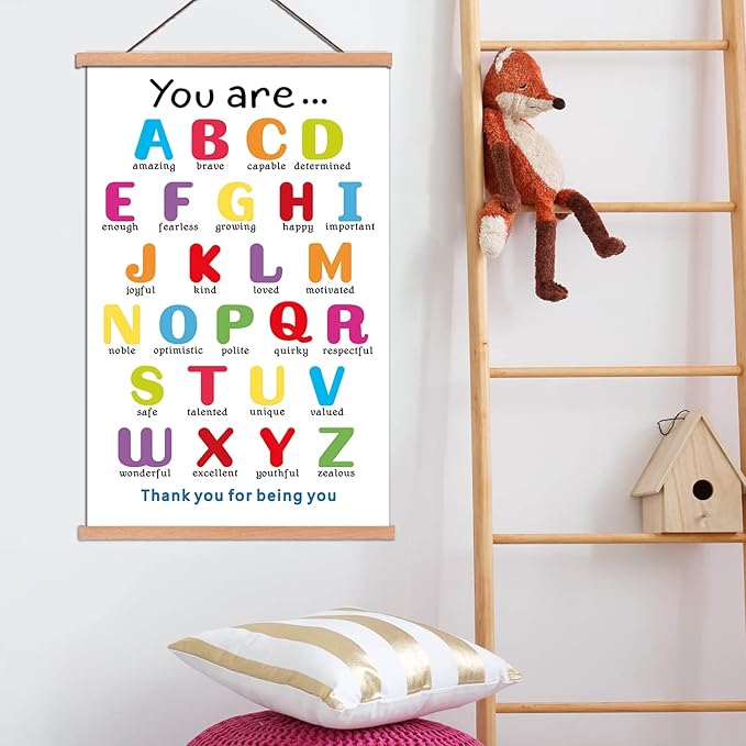 KAIRNE Colorful ABC Alphabet Art Print With Wood Magnetic Hanger Frame(15.7X25INCH)You Are Amazing Positive Educational ABC Chart for Toddler Affirmation Posters Wall Art For Classroom Playroom Decor