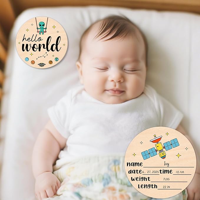 Baby Milestone Cards - Space Adventure Baby Monthly Milestone Signs, Rocket & Planet Wooden Signs Discs for Photo Props, "Hello" Newborn Announcement Sign with Astronaut,Baby Shower/Gift Set(13pcs)