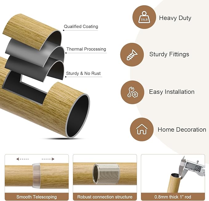 Natural Light Wood Grain Curtain Rods for Windows 28 to 48 Inches 1" Diameter Heavy Duty Window Curtain Rod Adjustable with Solid Finials for Living Room Bedroom Kitchen Farmhouse Outdoor