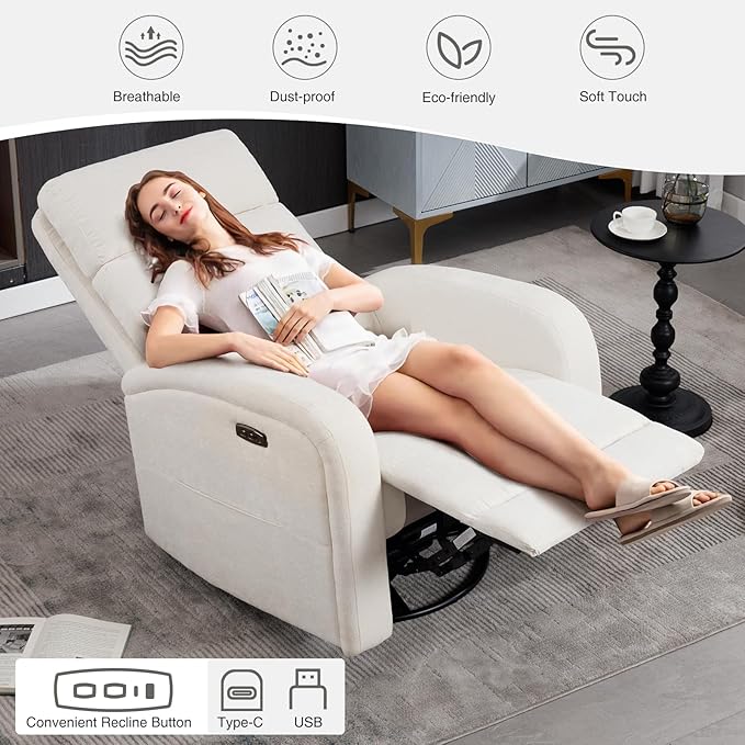 Power Glider Recliner Nursery Rocking Chairs with USB, Electric Swivel Rocker Glider Chair for Living Room, Upholstered Recliner Chairs for Bedroom, Bedroom, Chenille White
