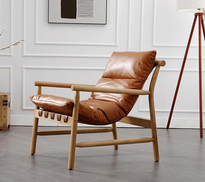 Faux Leather Accent Chair Set of 2 Mid Century Modern Living Room Chairs Comfy Arm Chair with Solid Wood Frame Upholstered Lounge Reading Chair Cozy Recliner for Bedroom/Guest Room, Brown