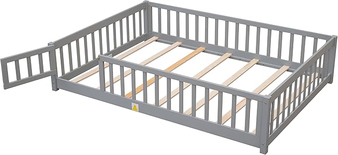 Full Size Montessori Floor Bed Frame with Convertible Door & Wood Slats for Kids,Wood Montessori Bed with Safety Guardrails for Girls & Boys,Grey