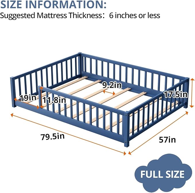 LLS Full Floor Bed for Kids Toddlers, Solid Wood Multifunctional Montessori Bed Frame with Safety Guardrails, Without Door, Easy Assemble, Mist Blue