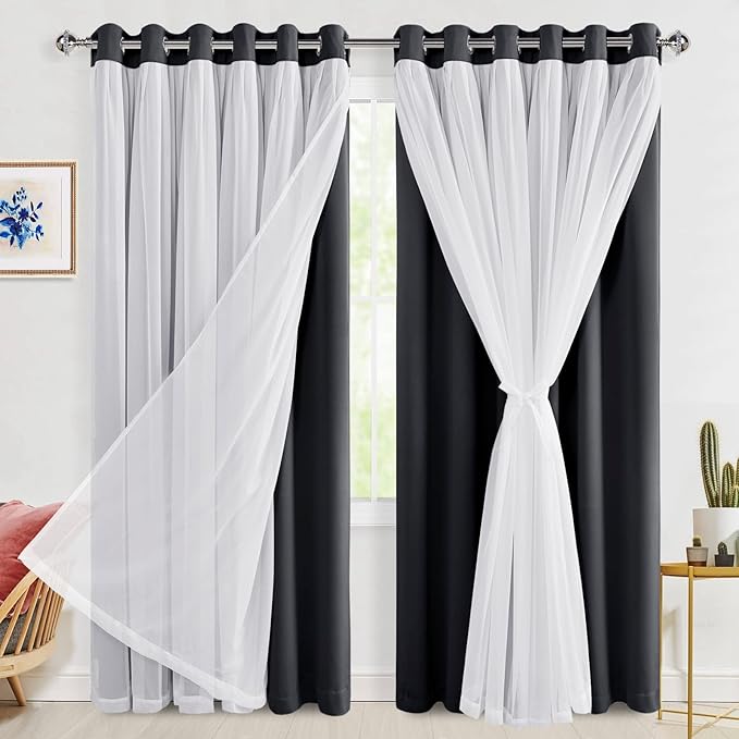 Hiasan Black Blackout Curtains with Sheer Overlay, Grommet Thermal Insulated Mix & Match Double Layer Window Curtains for Bedroom, Living Room, 2 Drape Panels Sewn with Tiebacks, 70W X 84L