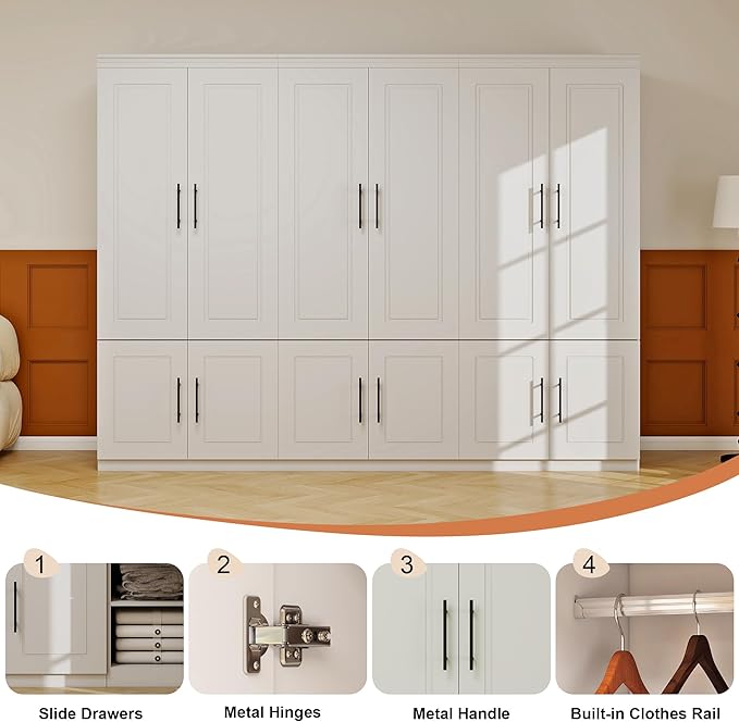 White Armoire Wardrobe Closet with 6 Door: Wood Wardrobe Closet Combination Cabinet Wooden Bedroom Armoire with Hanging Rods for Home/Bedroom/Living Room