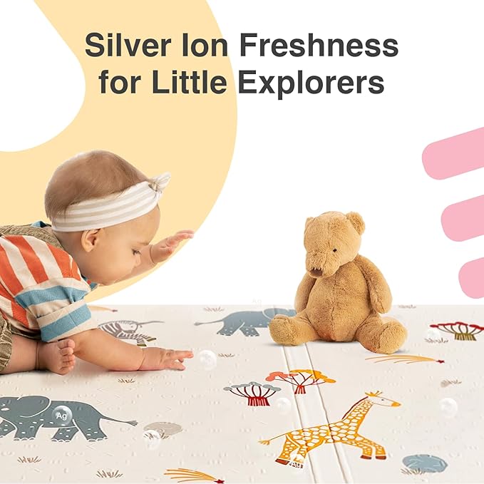 ORIBEL PurePlay Baby Play mat | 79" x 59" | Odour Free | Easy to Clean | Water & Stain-Resistant | Reversible & Foldable | 3 Layer Protection| Scratch Resistant (Savanna Adventure)