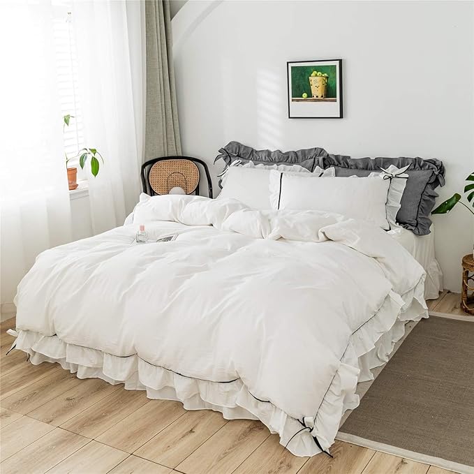 Ruffled Bedding Bow Duvet Cover Set with Butterfly Tie, Soft Brushed Microfiber Shabby Chic Bedding Set with Zipper Closure for Kids Girls-White,Twin
