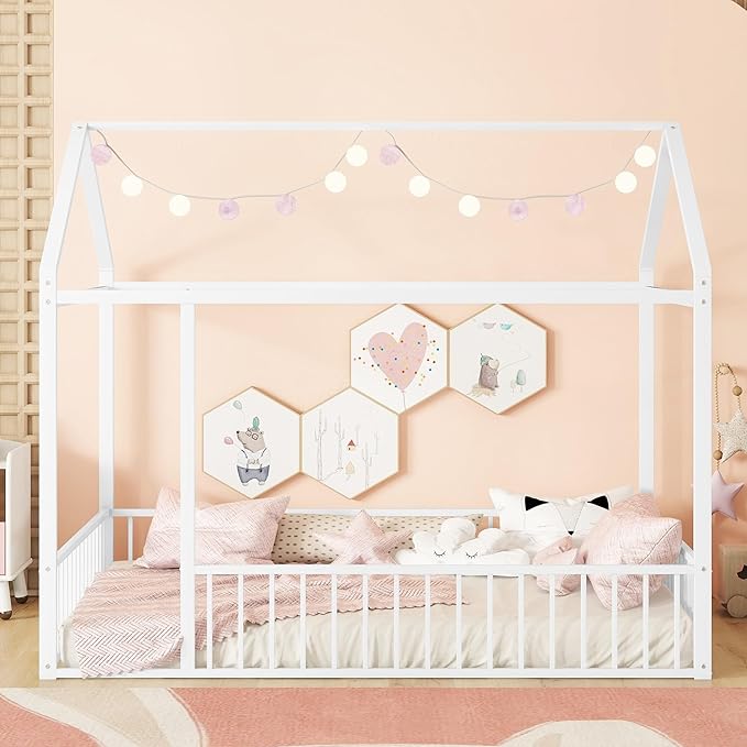 Bellemave Full Size Montessori Floor Bed, Metal House Bed Framefor Kids, Montessori Floor Beds with Fence, Playhouse for Kids, White