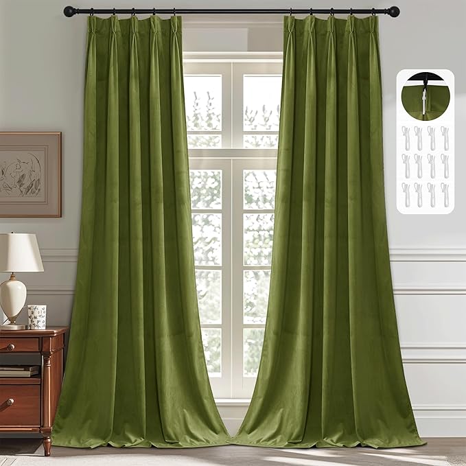 StangH Pinch Pleated Olive Green Velvet Curtains 90 inches Long, Light Dimming Privacy Window Treatments Back Tab Energy Insulating Luxury Drapes for Nursery Bedroom, W38 x L90, 2 Panels