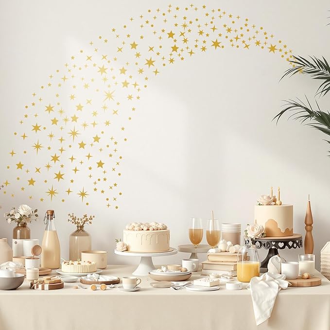 Vintage Gold Star Wall Stickers, 5 Sheets 210 Pcs Decals with Stars & Dots, Peel and Stick Wall Art Sticker, Removable Vinyl Star Wall Decor for Bedroom, Nursery, Ceiling, Party Decorations