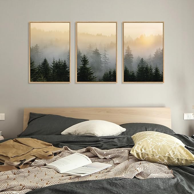 FWIEXA Mountain Wall Art Canvas Set, Misty Forest Framed Wall Decor, 3 Piece Nature Wall Painting, Foggy Pine Tree Landscape Artwork, 16x24 Inches Green Pictures for Living Room, Bedroom, Office, Gift