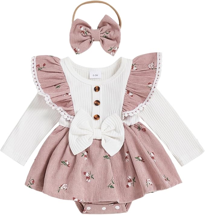Giraropa Baby Girl Fall Winter Clothes Long Sleeve Romper Dress + Socks + Headband Newborn Infant Cute Casual Outfits