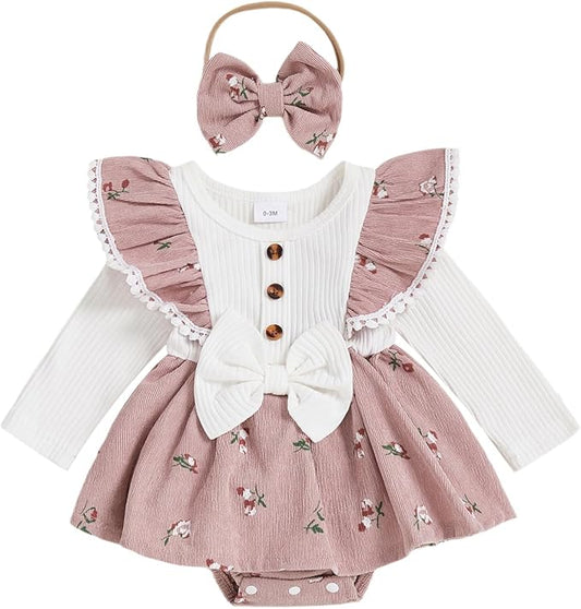 Giraropa Baby Girl Fall Winter Clothes Long Sleeve Romper Dress + Socks + Headband Newborn Infant Cute Casual Outfits