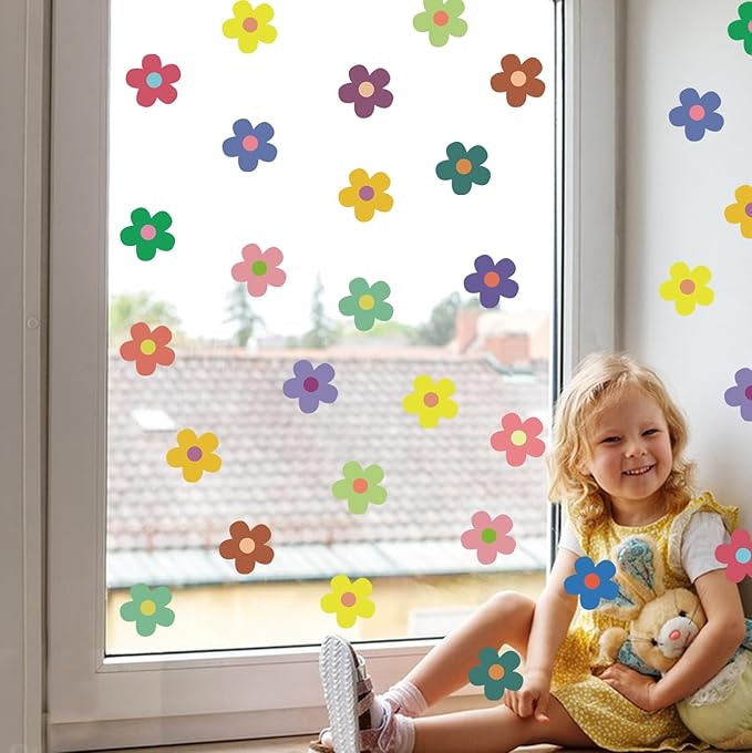 12 Sheets Daisy Wall Decals, Bright Colors Floral Wall Decor, Daisy Flower Walls Art Stickers for Kids Girls Nursery Bedroom Living Room, Vinyl Peel and Stick