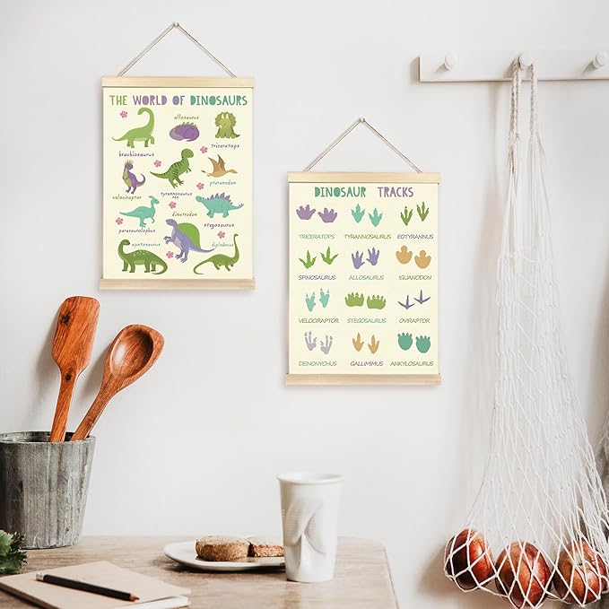 CGBHW Educational Dinosaur Species Tracks Poster Hanger Frame Set of 2 12x16, Dino Room Decor for Boys, Cute Learning Posters Wall Art Hanging Decor for Toddler Kids Baby Room Nursery Bedroom