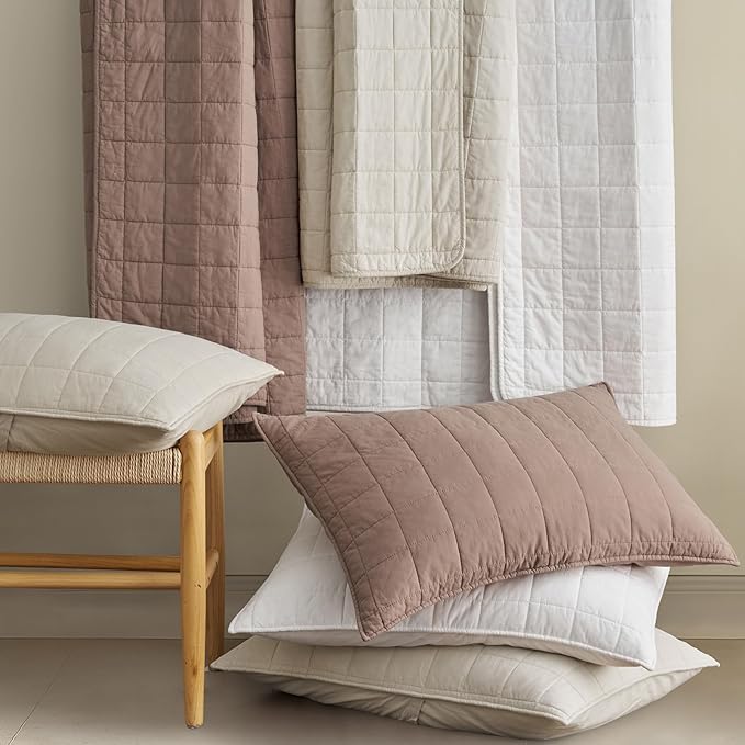 EVERGRACEHOME 100% Cotton Box Stitch Quilt Bedding Set Queen Size 3 Pieces, Garment-Washed Lightweight Soft Cozy Coverlet, Quilted Bedspread Sets with 2 Shams for All Season, Clay