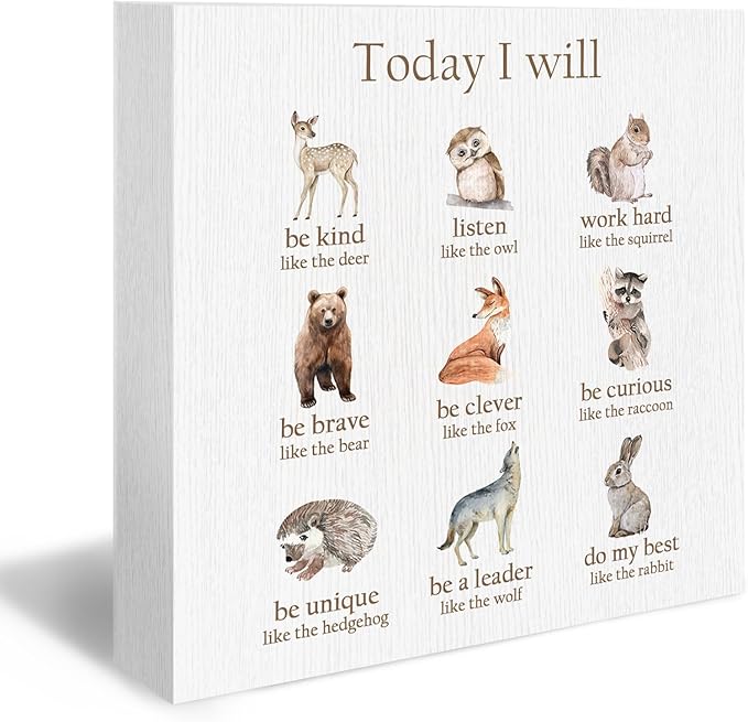 Affirmation Kids Nursery Wood Box Sign - Inspirational Desk Shelf Decor, Motivational Desk Decor, Positive Affirmations Animals Wooden Block Plaque Box Sign for Kids Nursery Decorations