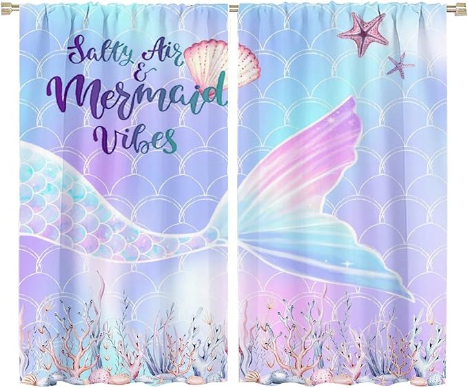 Fantasy Mermaid Curtain Colorful Rainbow Fish Tail Ocean Theme Beautiful Kids Window Treatment for Girls Bedroom Nursery Room Decor Rod Pocket Window Drapes 72x63in