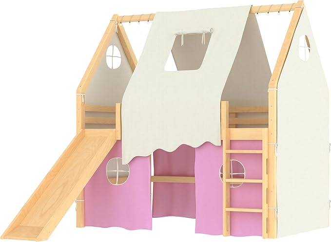 Playhouse Design Full Size Loft Bed with Slide & Tent, Solid Wood Tent Bed Frame for Kids Boys Girls, Versatile Spacious Under Bed Space, Chic Design with Lights (Natural+Pink-Full)