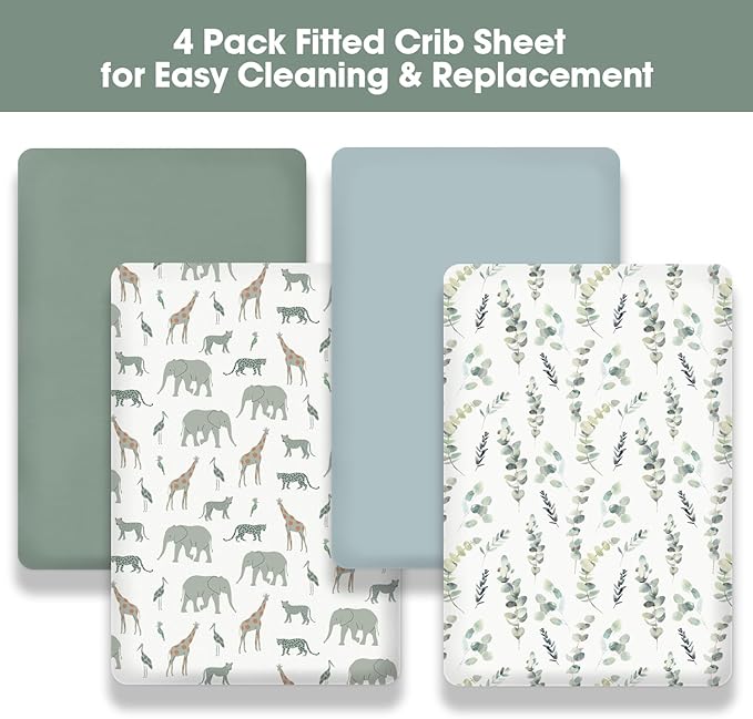 Little Grape Land Crib Sheets 4 Pack for Boys and Girls, Baby Neutral Crib Fitted Sheets for Standard Crib & Toddler Mattress, Super Soft Breathable Fitted Crib Sheet Set, Leaves & Safari