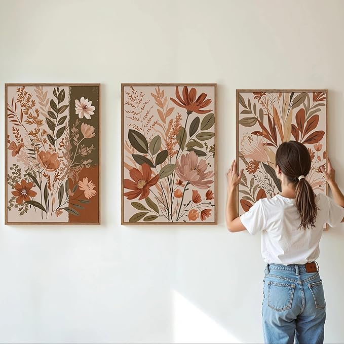 MTFBWY Framed Boho Botanical Wall Art Set of 3 – Earth Tone Floral Canvas Prints, Neutral Beige Abstract Flower Pictures for Home Living Room Bedroom Wall Decor, 16L x 12W