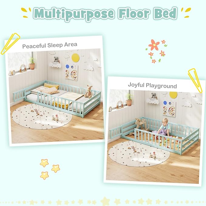 KOMFOTT Twin Size Wood Floor Bed with Door & Fence, Montessori Bed Frame with Full Length Safety Guardrails, Door & Latch, Wooden Montessori Floor Bed for Kids, Girls, Boys (Twin,Light Green)