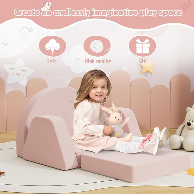 7 PCS Modular Kids Play Block Couch Child Sectional Sofa Toddler Building Fortplay Bedroom Playroom Baby Convertible Floor Foam Cushion for Boys & Girls (Pink-Single)
