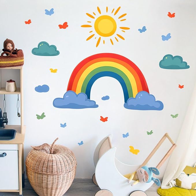 Rainbow Wall Decals Watercolor Sun Cloud Wall Stickers for Kids Room, Cute Cloudy Rainbow Wall Decor Butterfly Sun Decorations Peel and Stick Removable Decals for Girls Room Nursery