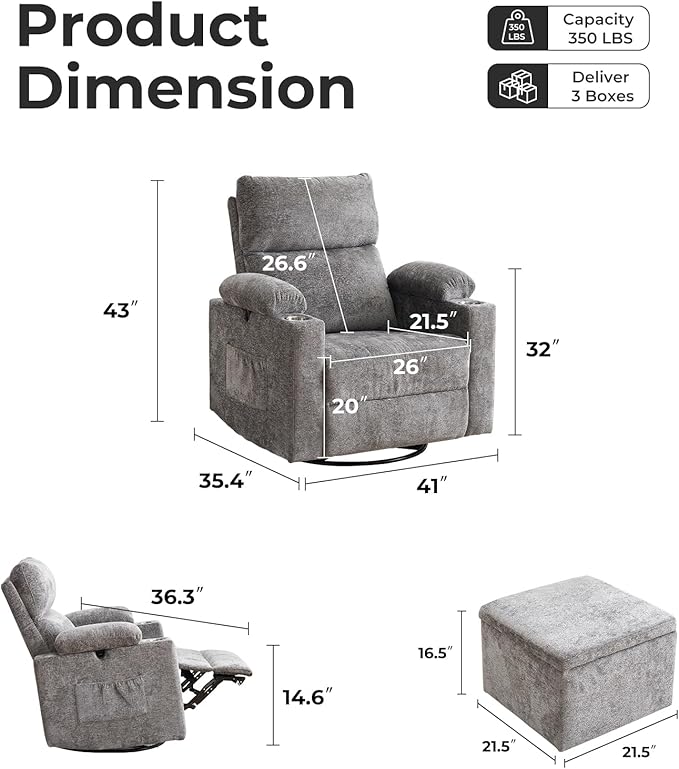 Oversized Power Recliner Chair Swivel Glider with Massage and Heat, Swivel Rocker Recliner with Adjustable Armrests, 26" Wide Nursery Chair with Storage Ottoman, Rocker Nursery Recliner, Dark Grey