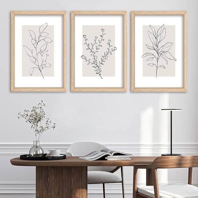YWJKWLGS Neutral Botanical Prints Framed Wall Art Decor 16x24 Inch Set of 3 Boho Plant pictures Sign minimalist Vintage for Bedroom Office bathroom Wall Hanging (Wood)