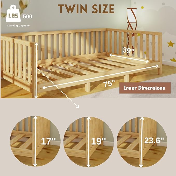 Montessori Floor Bed Designed with Open Front and Footed Model for Girls and Boys | Pine Wood Natural Solid Frame Bed with Slats | Sturdy Designed Floor Beds Frame for Kids (Twin, Height : 23 Inches)